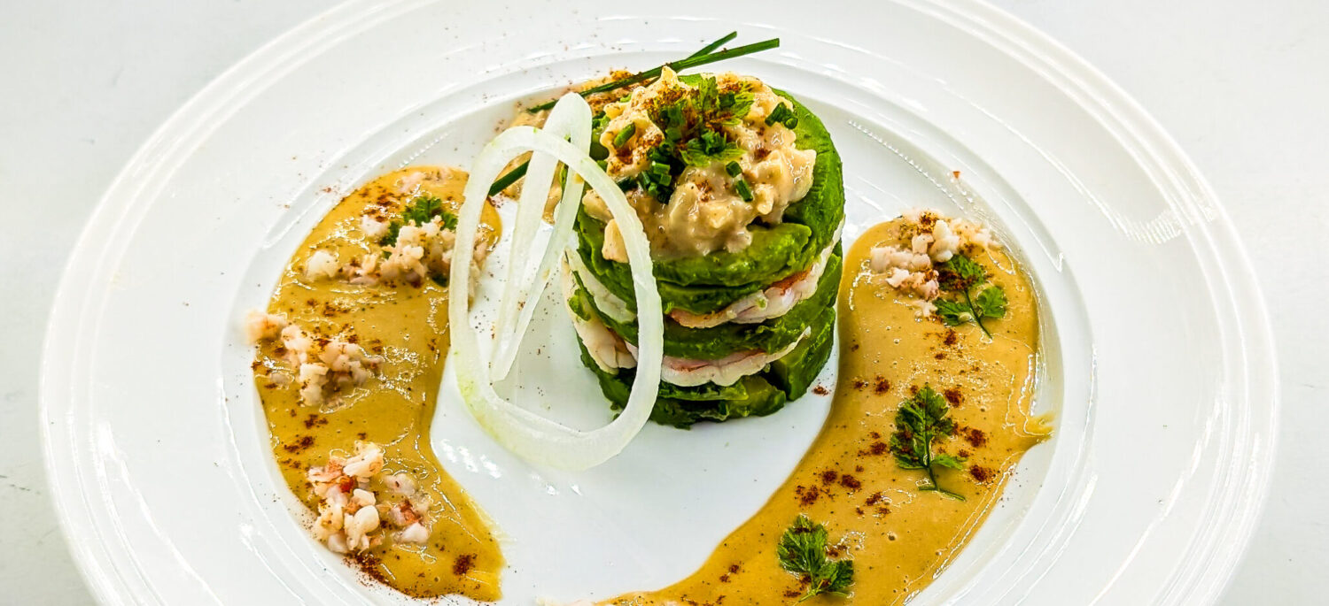 Shrimp–Avocado Timbale with Mango Coulis
